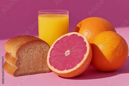 Glass of orange juice with grapefruit and bread over gradient pink to purple background captured for citrus breakfast layout and beverage stock photo composition in vibrant morning contrast setup