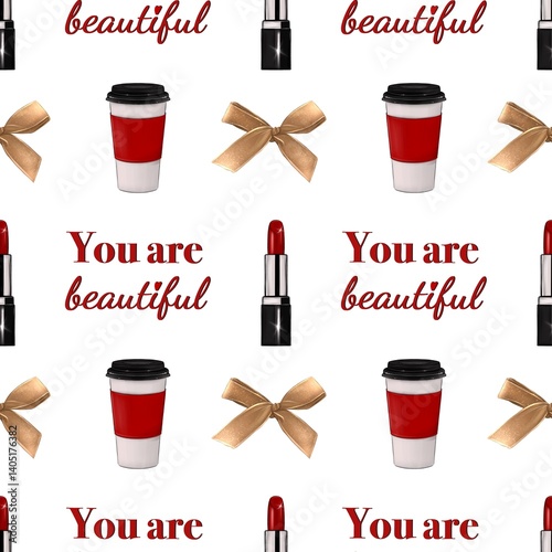 Seamless pattern with red lipstick, coffee, bow, and quote You are beautiful. Chic background for fashion, beauty and celebration designs and branding