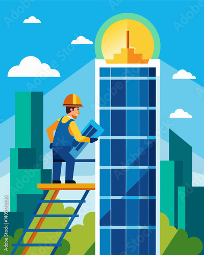 A timelapse video showcasing the installation of solar panels on a highrise building capturing the precision and skill of the workers.. Vector illustration