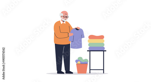 Elderly man donating clothes while folding them on a light background