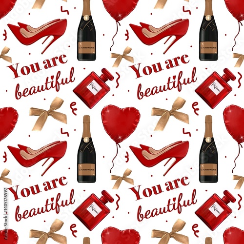 Seamless design with high heels, lipstick, champagne, heart balloons, perfume and the quote You are beautiful. Ideal for feminine, love, beauty and celebration-themed prints and products