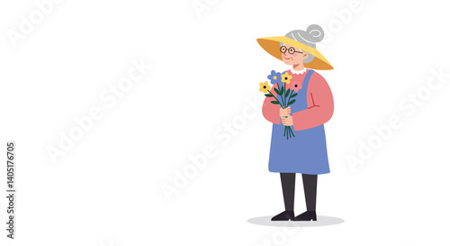 Cheerful elderly woman holding a bouquet of flowers while wearing a sun hat on a white background with copy space