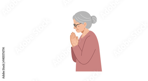 Senior woman praying with hands together with light  on a light background