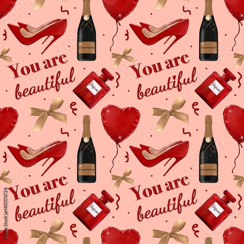 Romantic seamless pattern with shoes, champagne, lipstick, perfume, heart balloons, and the phrase You are beautiful. Chic design for Valentine’s Day, girls, love,e and fashion themes