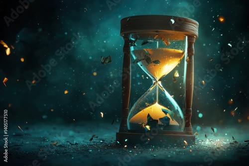 Time's fleeting essence, symbolized by a fractured hourglass.