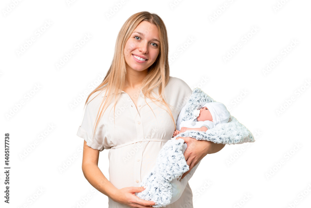 Young pretty pregnant woman with her newborn baby over isolated chroma key background smiling a lot Young pretty pregnant woman with her newborn baby over isolated chroma key background smiling a lot