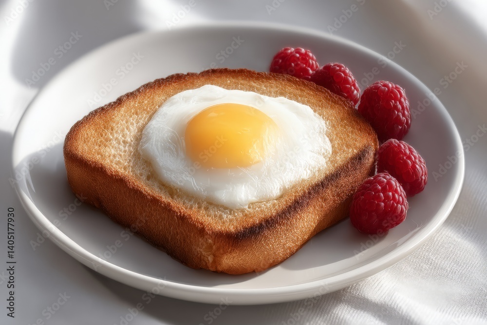 Toast with egg yolk served with red grapes and strawberries on white ceramic plate in shadowed surface composition ideal for rustic gourmet breakfast visuals and stock food photography usage Toast with egg yolk served with red grapes and strawberries on white ceramic plate in shadowed surface composition ideal for rustic gourmet breakfast visuals and stock food photography usage