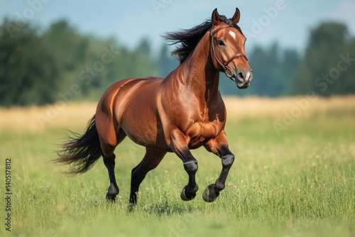 Majestic chestnut horse galloping across a verdant field.