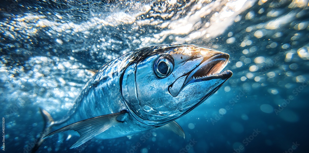 Fototapeta premium A vibrant blue fish swims underwater with sunlight sparkling through the water Perfect for marine life or nature documentaries