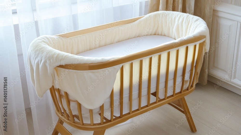 Cozy wooden crib with soft bedding in a bright, airy nursery, sunlight streaming through curtains Cozy wooden crib with soft bedding in a bright, airy nursery, sunlight streaming through curtains