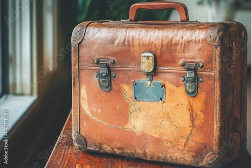 Vintage Leather Suitcase on Wooden Table photo
