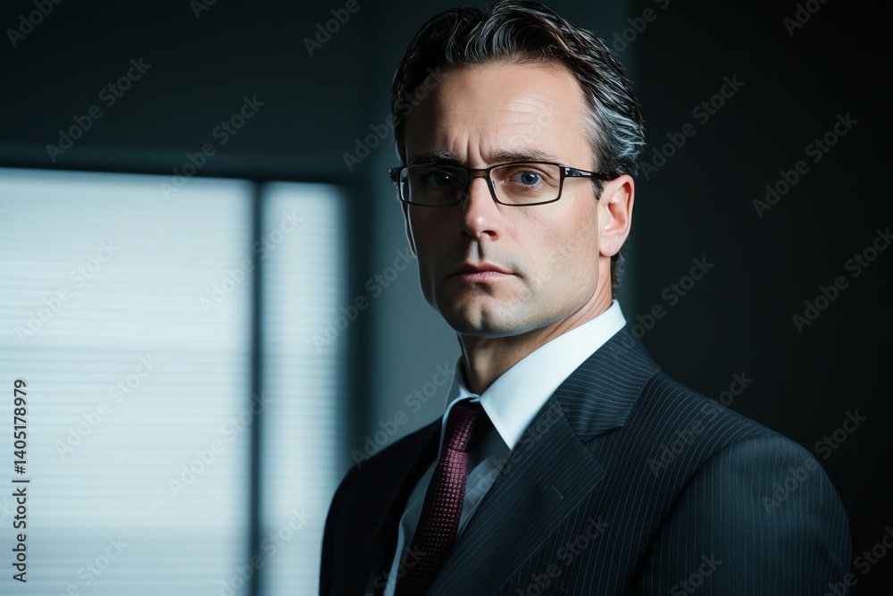 Obraz premium Executive in tailored suit with intense contrast lighting, mystery in corporate power setting