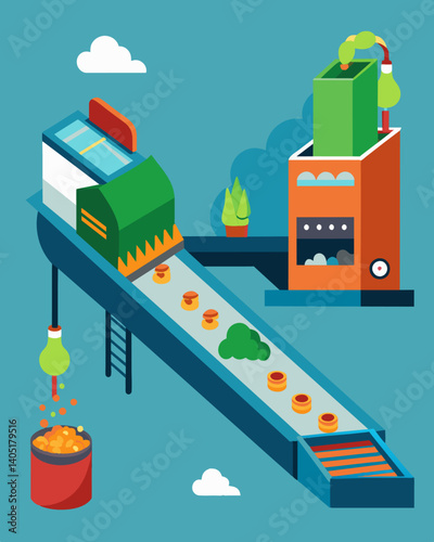 A set of conveyor belts constantly moves sorting through the various types of waste being brought in to the plant. This careful process ensures that as much energy as possible can. Vector illustration