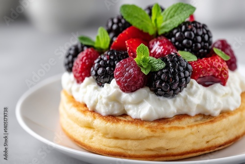 Waffle topped with whipped cream blackberries and mint leaf on white plate centered in top down bright setup minimalist dessert breakfast concept for stock food image