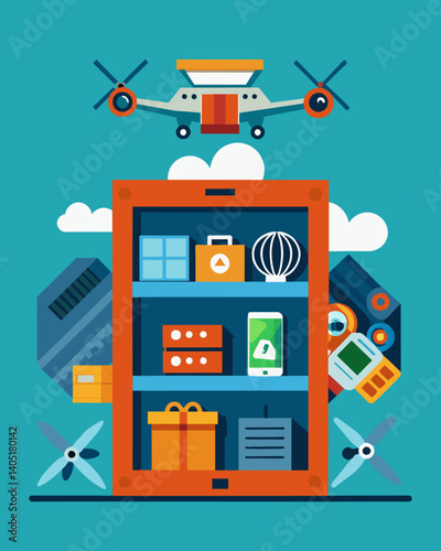 A storage unit packed with abandoned drones fitness trackers and other tech gadgets that failed to live up to their hype.. Vector illustration