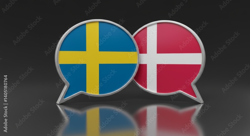Obraz premium Sweden and Denmark dialog, glossy 3D speech bubbles with flags, silver borders