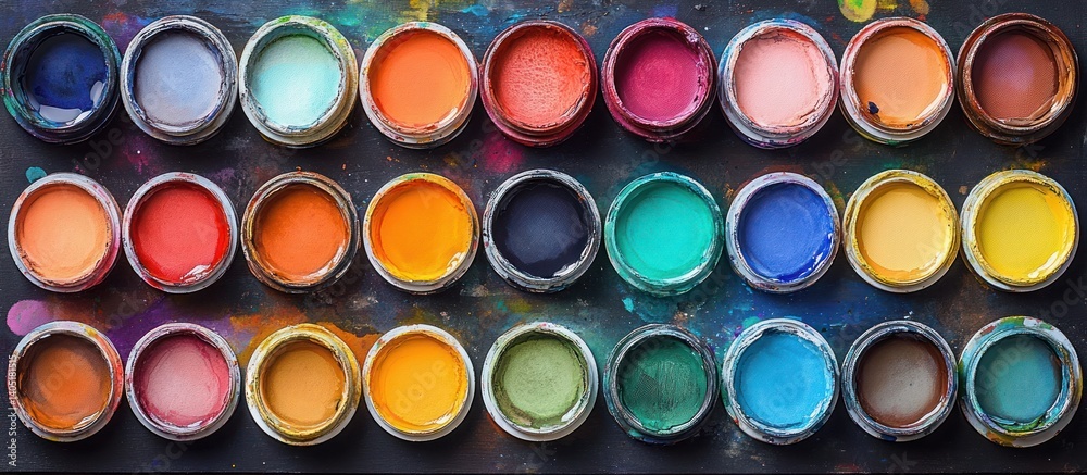 Colorful paint containers on artist's palette Colorful paint containers on artist's palette
