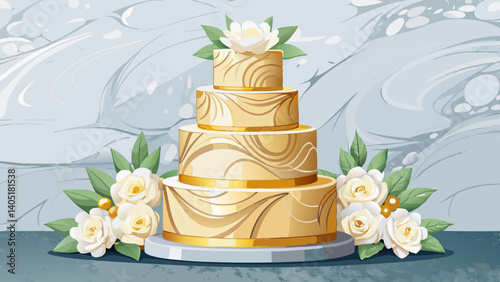 A three-tiered wedding cake adorned with white roses and gold accents, set on a blank marble surface. The elegant design leaves ample space for text, perfect for bridal promotions or event planning.