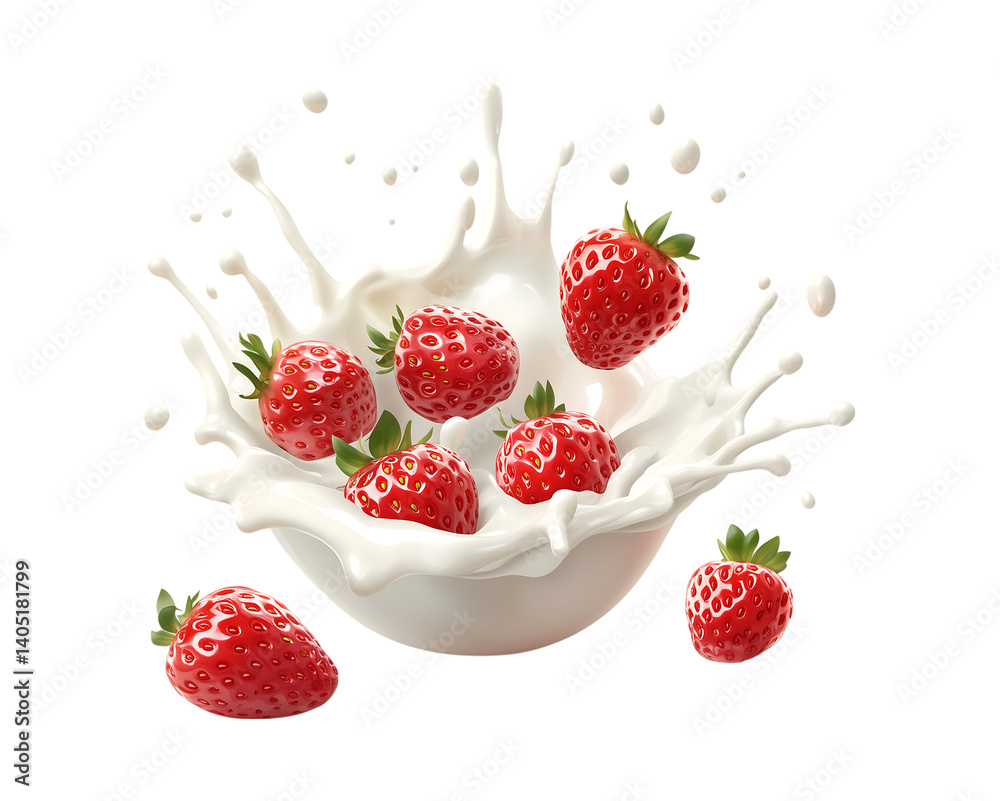 Creamy Strawberry Explosion - Juicy strawberries with a dynamic milk splash. Ideal for product promos and food illustrations. Creamy Strawberry Explosion - Juicy strawberries with a dynamic milk splash. Ideal for product promos and food illustrations.