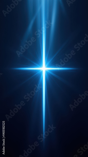 A Christian cross illuminated with a bright blue light.