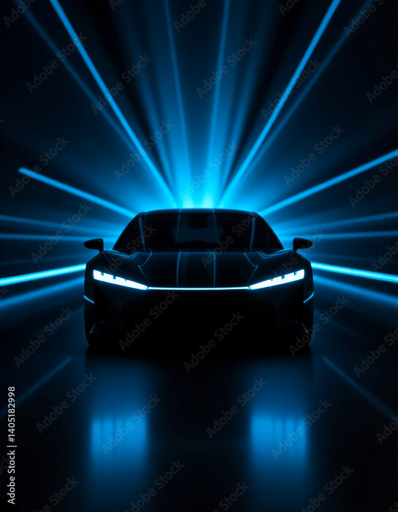Naklejka premium black sports car in tunnel with motion blur and neon light, 3d illustration