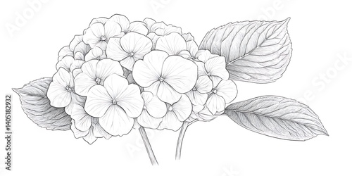 Hydrangea flower sketched close-up for botanical illustration in simple white background