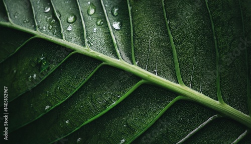Beautiful details of moody dark green plant leaf with raindrops Vein and texture of a large leaf Natural abstract background