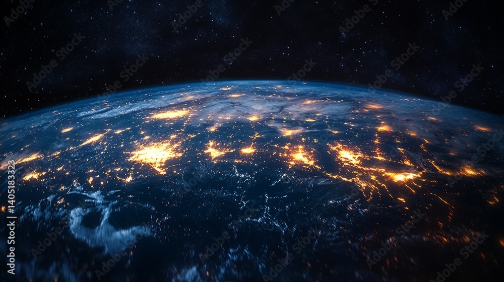 Obraz premium A serene view of Earth from space with glowing city lights and a sunrise on the horizon beneath a starry sky