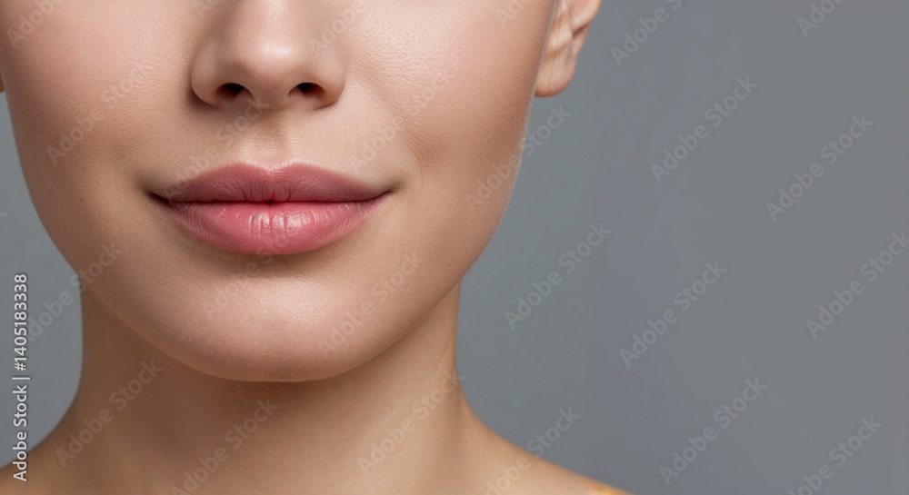 Beautiful woman smiling softly against a neutral gray background Beautiful woman smiling softly against a neutral gray background