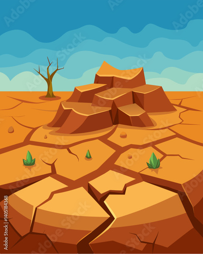 The ground is cracked and dry a result of overexploitation of resources and lack of sustainability.. Vector illustration