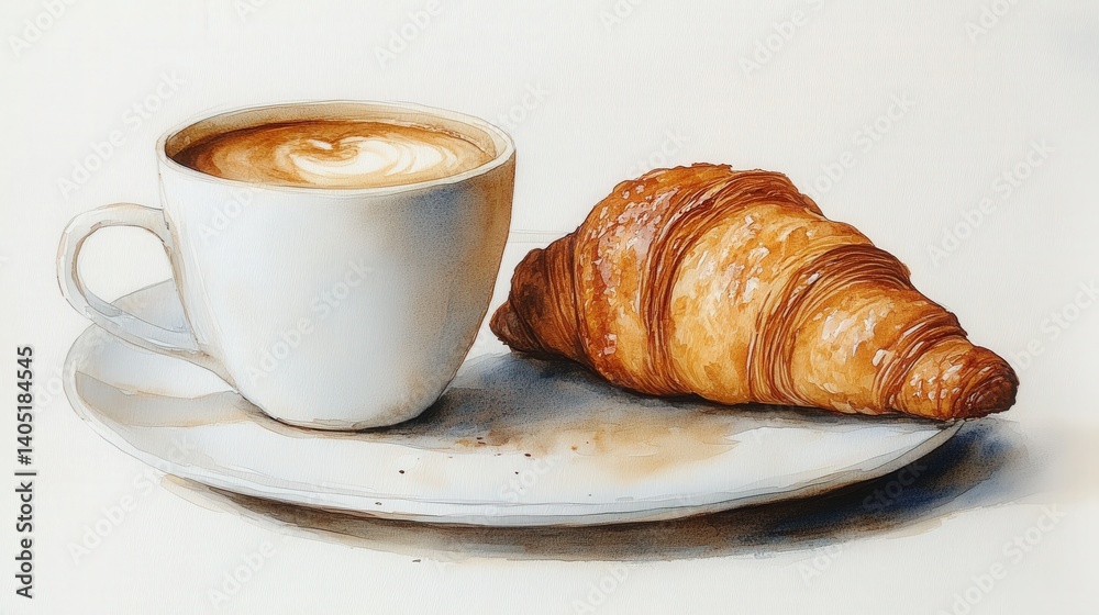 A steaming cup of coffee beside a flaky croissant on a white plate, with a minimalistic background A steaming cup of coffee beside a flaky croissant on a white plate, with a minimalistic background