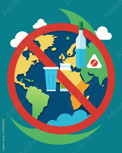 In an effort to reduce plastic pollution a country bans the use of singleuse plastics and implements a strict recycling program.. Vector illustration