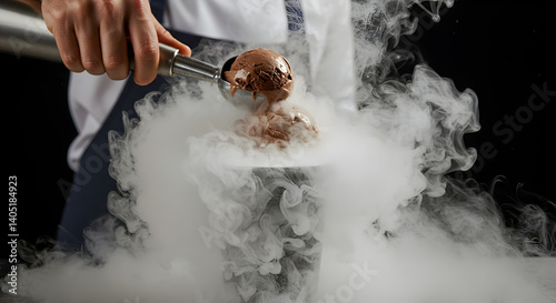 Chef Preparing an Elaborate Dessert with Smoke and Chocolate Ice Cream photo