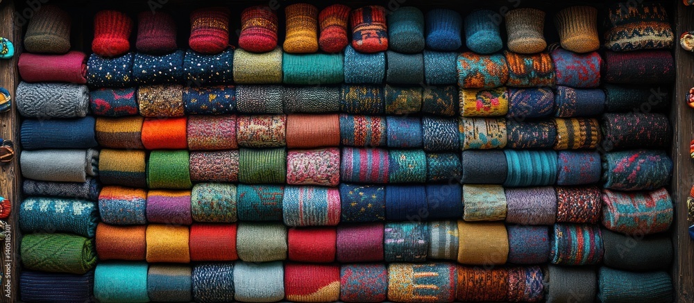 Colorful rolled socks neatly arranged in a wooden box Colorful rolled socks neatly arranged in a wooden box