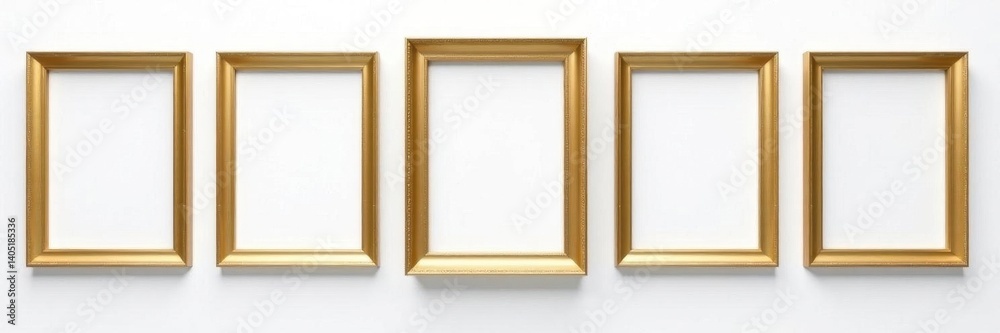Fototapeta premium Several empty gilded frames hang against a stark white backdrop , aesthetic, interior, hanging
