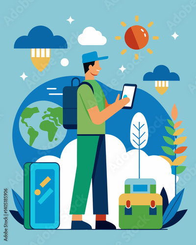 A tourist books an ecofriendly hotel for their vacation with initiatives in place to reduce energy and water consumption.. Vector illustration