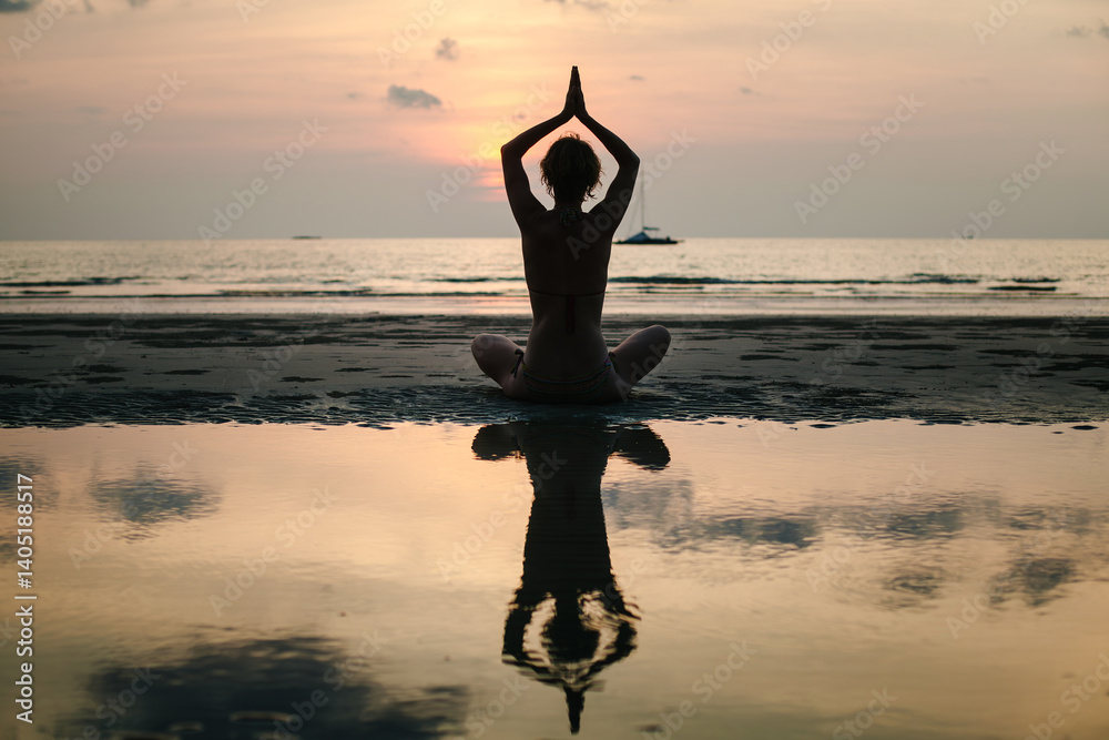 The silhouette of a woman in a lotus pose, practicing yoga on a tropical beach at twilight in Thailand, her reflection shimmering in the calm water.