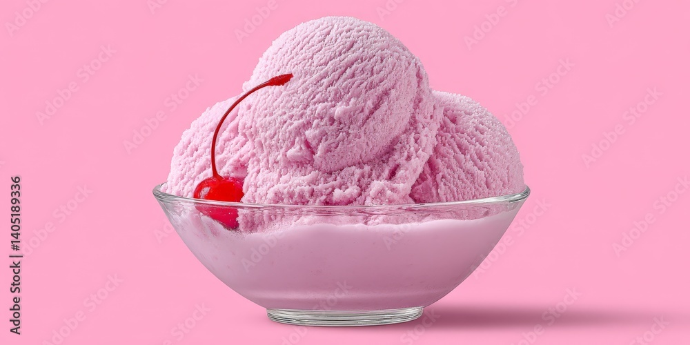 Single scoop of pink ice cream served in glass bowl on light pink background with soft shadow emphasizing smooth texture and minimalist frozen dessert styling