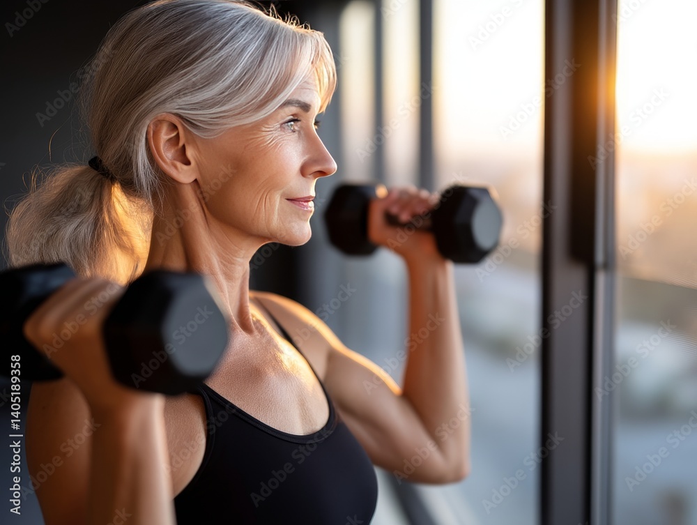 Fototapeta premium Healthy aging: Senior woman lifting dumbbells in gym for active lifestyle.