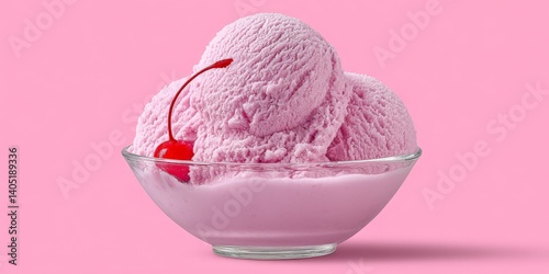Obraz na płótnie Single scoop of pink ice cream served in glass bowl on light pink background with soft shadow emphasizing smooth texture and minimalist frozen dessert styling w salonie