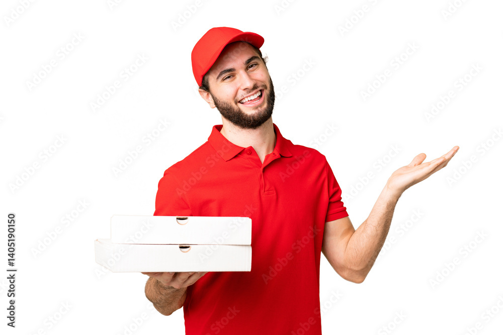 pizza delivery man with work uniform picking up pizza boxes over isolated chroma key background extending hands to the side for inviting to come pizza delivery man with work uniform picking up pizza boxes over isolated chroma key background extending hands to the side for inviting to come