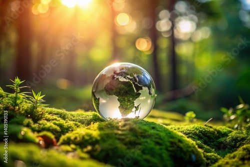 Fototapeta Naklejka Na Ścianę i Meble -  Eco-Awareness in the Sunlight: A crystalline globe representing planet earth rests gently upon a bed of lush, mossy vegetation.