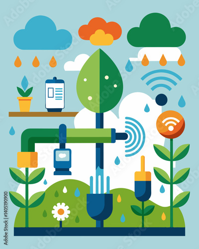 A smart irrigation system that uses weather sensors to optimize watering reducing water waste in agriculture.. Vector illustration