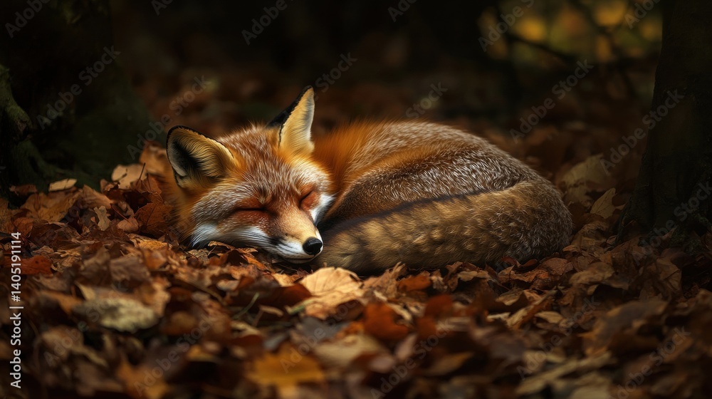 Obraz premium Restful red fox nestled amongst autumn leaves.