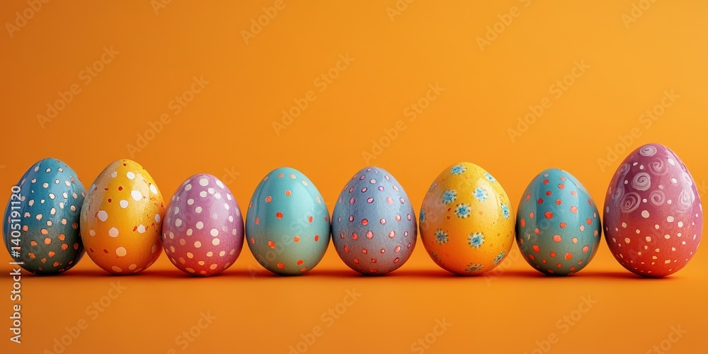 Fototapeta premium Colorful decorated easter eggs arranged in a row on a vibrant orange background for springtime celebration