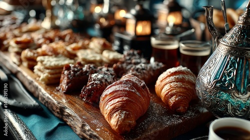 During a conference meeting, a coffee break was set up in the hotel with tea and coffee catering, a banquet table decorated with a range of baked goods and pastries, and croissant cookies.