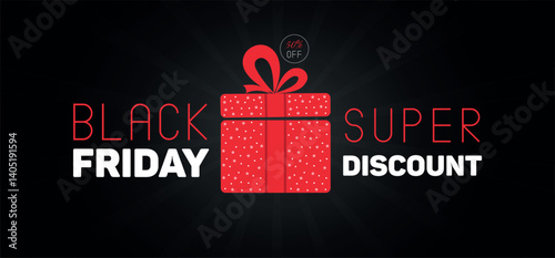 Black Friday super discount banner with vector red gift box, 50 percent off text
