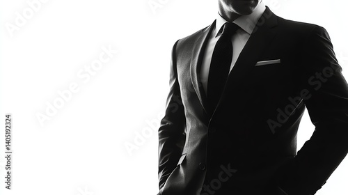a person in luxury corporate suit slightly visible in black gradient, mysterious aura, realistic detail, isolated on white background