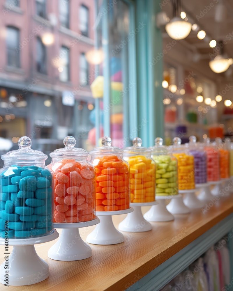 Delightful display of colorful sugar cookies in a modern bakery window on a sunny day Delightful display of colorful sugar cookies in a modern bakery window on a sunny day