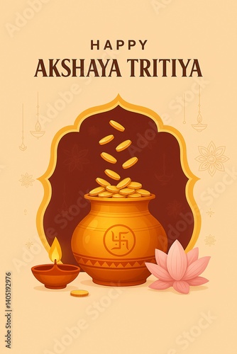 Wallpaper Mural Spiritual Akshaya Tritiya greeting design with golden kalash, lotus flower, and coin. Created with Generative AI technology. Torontodigital.ca